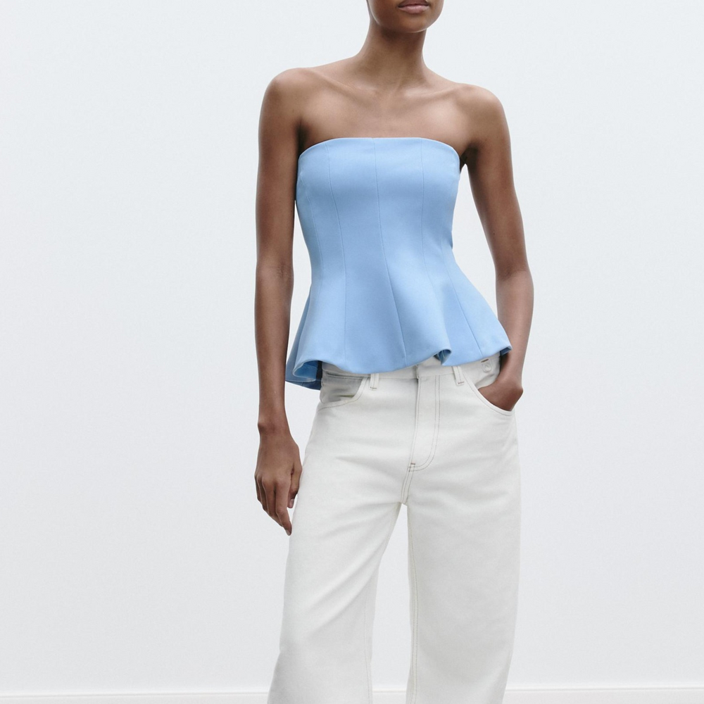 ZARA STRAPLESS PEPLUM TOP in Blue